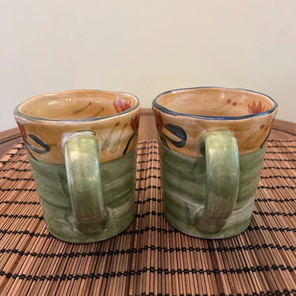 Two Pier 1 ELIZABETH Hand Painted Stoneware Coffee Mugs Green Swirl Flowers 16oz